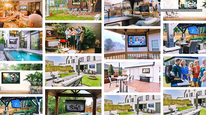 The TV Shield Outdoor TV Cabinet backyard entertainment collage