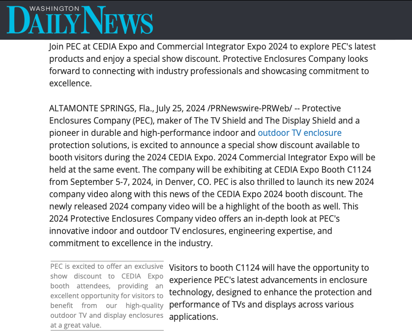 PEC and The TV Shield CEDIA Discount Washington Daily News article